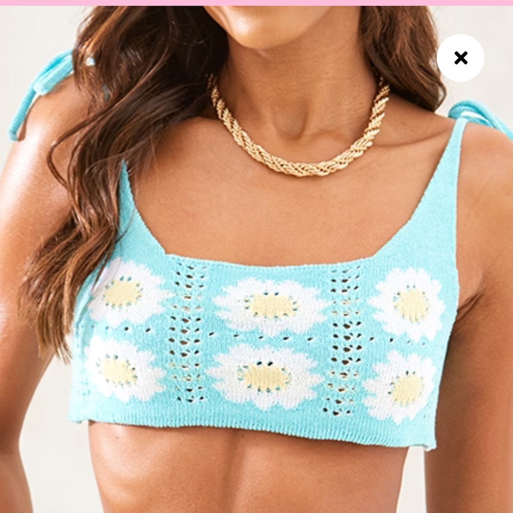 Blue Flower Crochet Knit Tie Shoulder Top